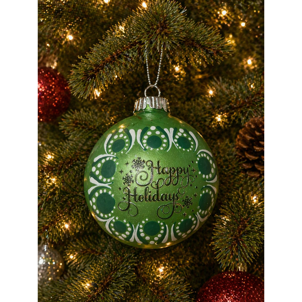 Hand-Painted “Happy Holidays” Green Christmas Ornament – Elegant Festive Decor